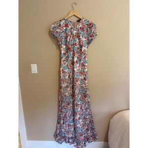 J.Crew Floral Ruffle Hem Midi Dress Red Blue Puff Sleeve Size 14T